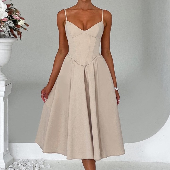 babyboo Dresses & Skirts - Chic Beige Midi Dress with Spaghetti Straps